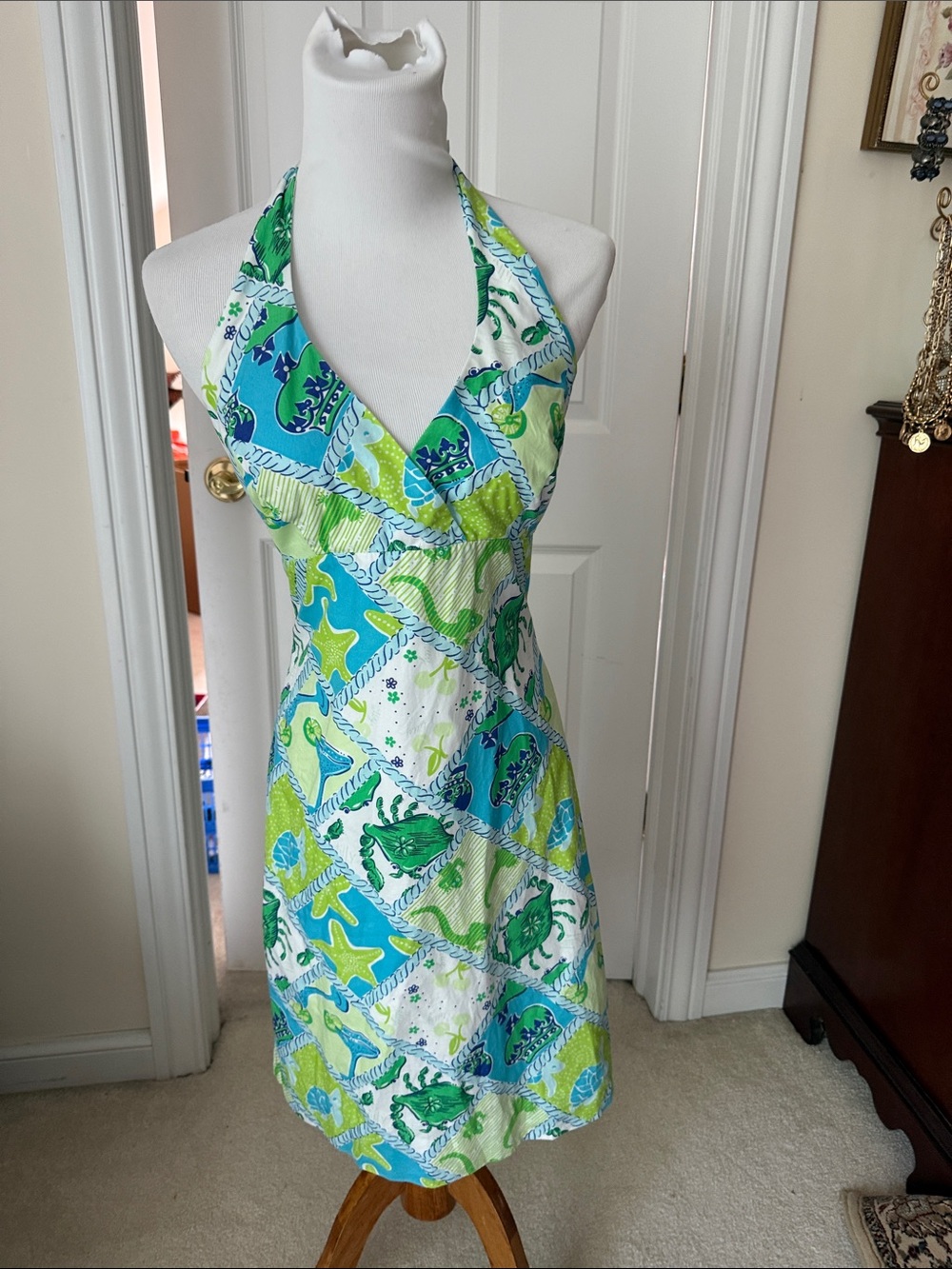 Halter Floral & Sea Print Summer Dress in Green/Blue LILLY Pulitzer Cotton bk zp